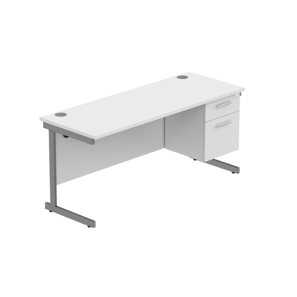 Office Rectangular Desk With Steel Single Upright Cantilever Legs + 2 Draw Fixed Pedestal  (Fsc) | 1600X600 | Arctic White/Graphite