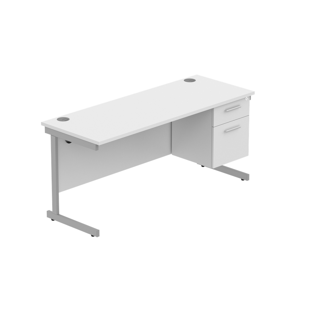 Office Rectangular Desk With Steel Single Upright Cantilever Legs + 2 Draw Fixed Pedestal  (Fsc) | 1600X600 | Arctic White/Silver