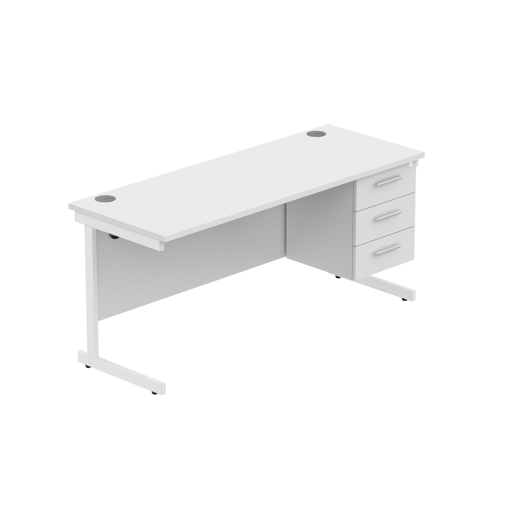 Office Rectangular Desk With Steel Single Upright Cantilever Legs + 3 Draw Fixed Pedestal  (Fsc) | 1600X600 | Arctic White/White