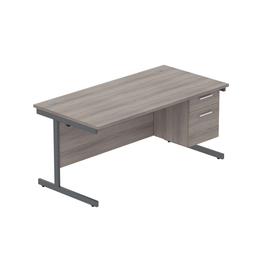 Office Rectangular Desk With Steel Single Upright Cantilever Legs + 2 Draw Fixed Pedestal  (Fsc) | 1600X800 | Alaskan Grey Oak/Graphite