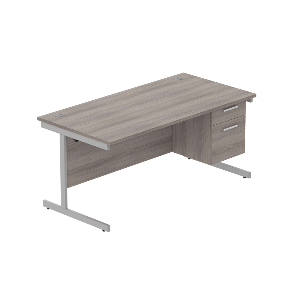 Office Rectangular Desk With Steel Single Upright Cantilever Legs + 2 Draw Fixed Pedestal  (Fsc) | 1600X800 | Alaskan Grey Oak/Silver