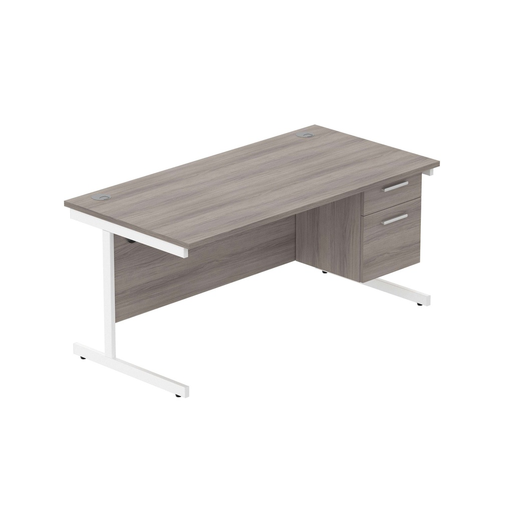 Office Rectangular Desk With Steel Single Upright Cantilever Legs + 2 Draw Fixed Pedestal  (Fsc) | 1600X800 | Alaskan Grey Oak/White