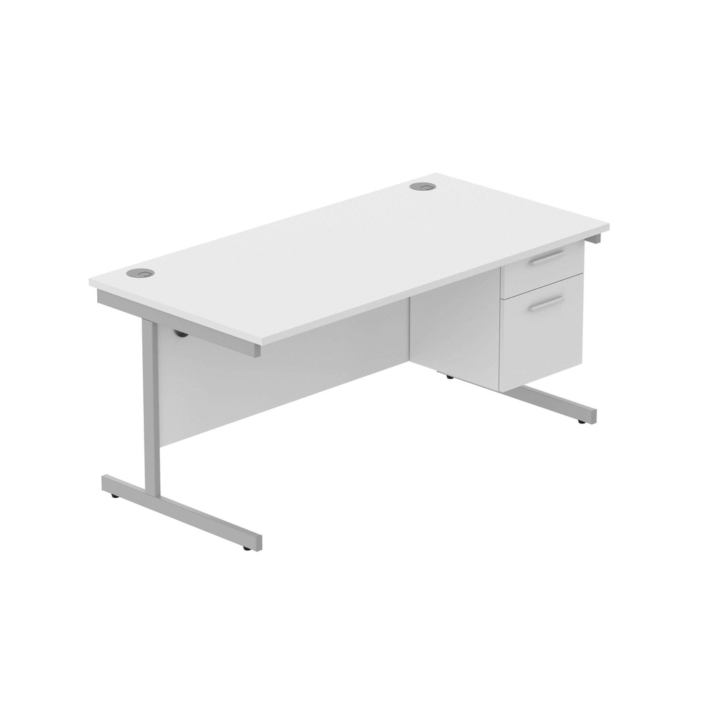 Office Rectangular Desk With Steel Single Upright Cantilever Legs + 2 Draw Fixed Pedestal  (Fsc) | 1600X800 | Arctic White/Silver