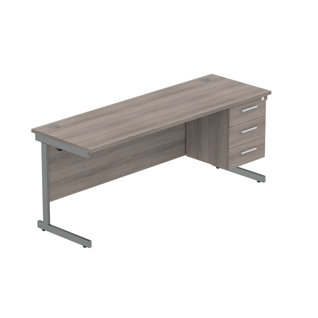 Office Rectangular Desk With Steel Single Upright Cantilever Legs + 3 Draw Fixed Pedestal  (Fsc) | 1800X600 | Alaskan Grey Oak/Graphite