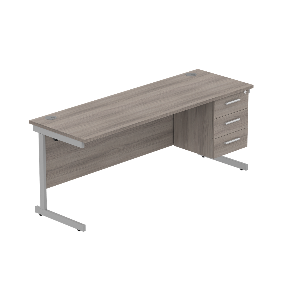 Office Rectangular Desk With Steel Single Upright Cantilever Legs + 3 Draw Fixed Pedestal  (Fsc) | 1800X600 | Alaskan Grey Oak/Silver