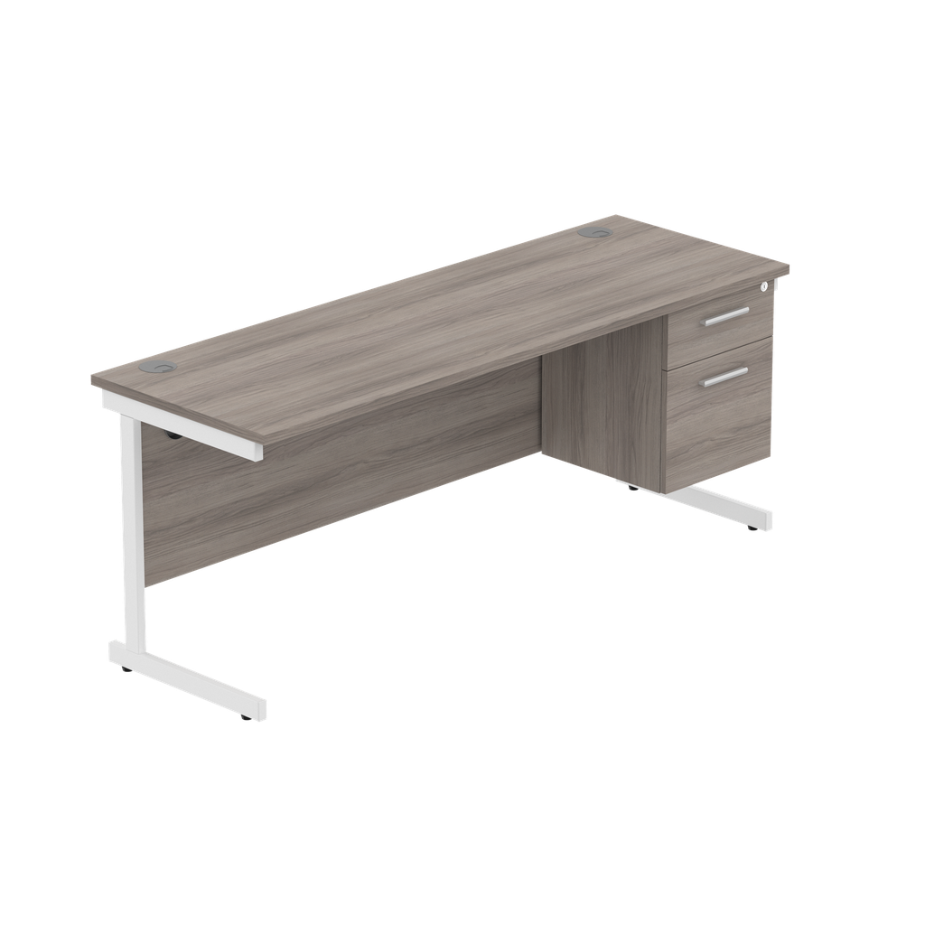 Office Rectangular Desk With Steel Single Upright Cantilever Legs + 2 Draw Fixed Pedestal  (Fsc) | 1800X600 | Alaskan Grey Oak/White