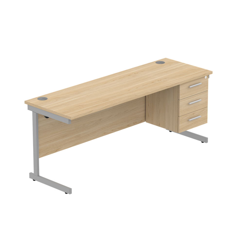 Office Rectangular Desk With Steel Single Upright Cantilever Legs + 3 Draw Fixed Pedestal  (Fsc) | 1800X600 | Canadian Oak/Silver