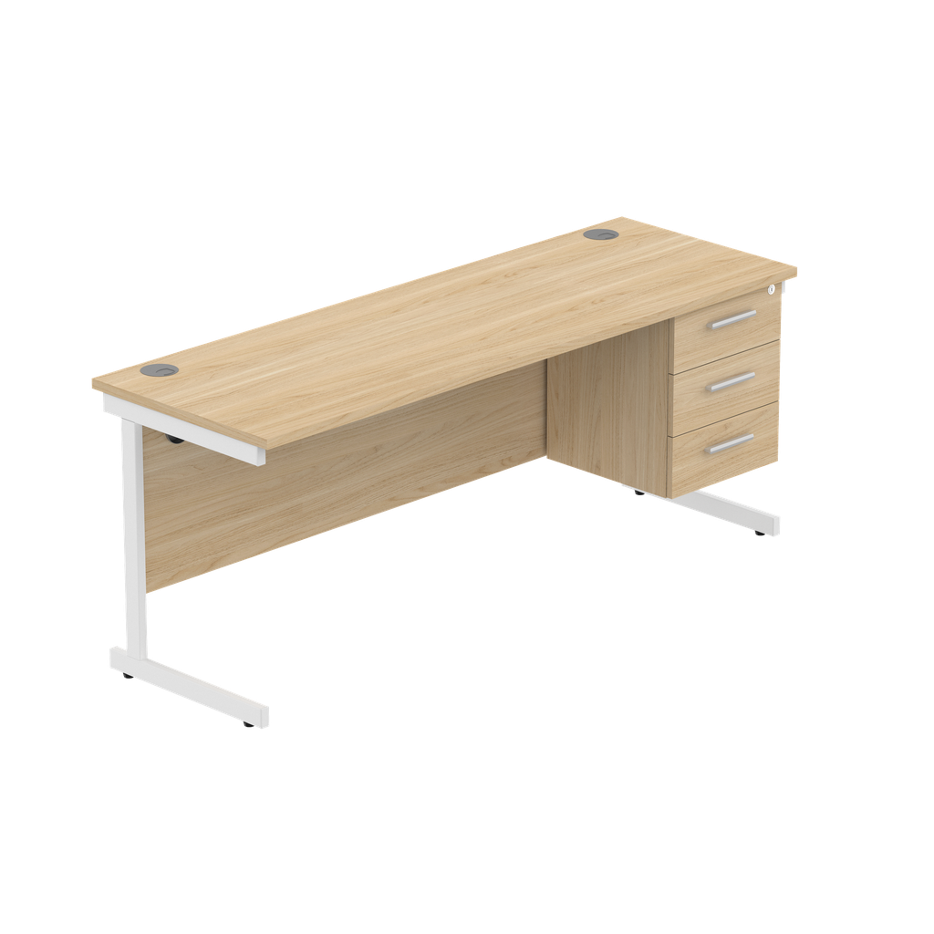 Office Rectangular Desk With Steel Single Upright Cantilever Legs + 3 Draw Fixed Pedestal  (Fsc) | 1800X600 | Canadian Oak/White