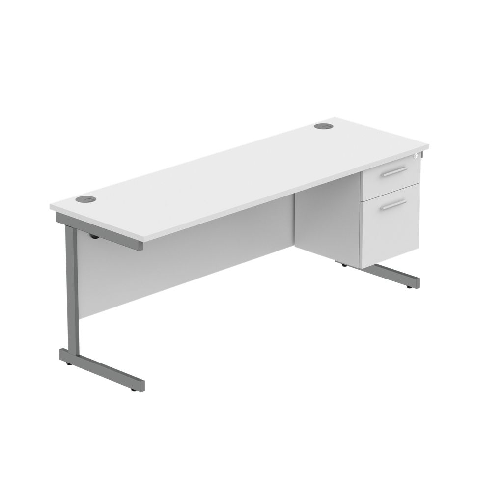 Office Rectangular Desk With Steel Single Upright Cantilever Legs + 2 Draw Fixed Pedestal  (Fsc) | 1800X600 | Arctic White/Graphite