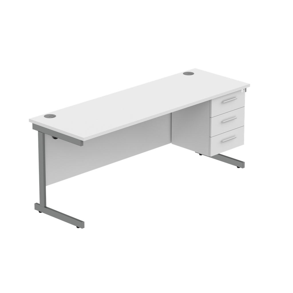 Office Rectangular Desk With Steel Single Upright Cantilever Legs + 3 Draw Fixed Pedestal  (Fsc) | 1800X600 | Arctic White/Graphite