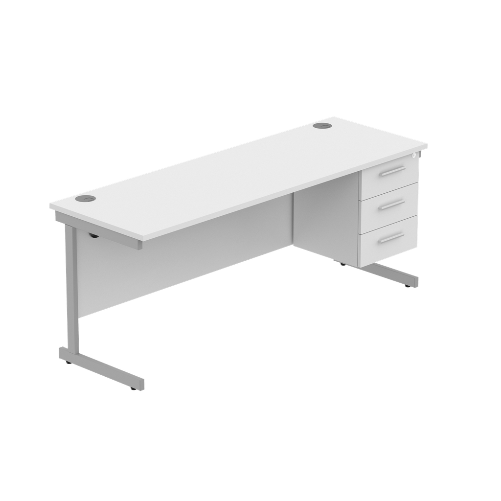 Office Rectangular Desk With Steel Single Upright Cantilever Legs + 3 Draw Fixed Pedestal  (Fsc) | 1800X600 | Arctic White/Silver