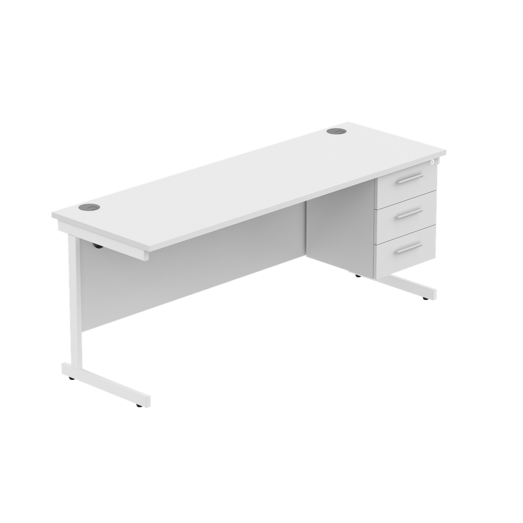 Office Rectangular Desk With Steel Single Upright Cantilever Legs + 3 Draw Fixed Pedestal  (Fsc) | 1800X600 | Arctic White/White