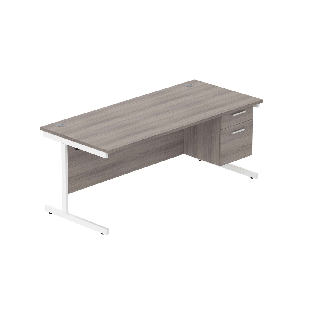 Office Rectangular Desk With Steel Single Upright Cantilever Legs + 2 Draw Fixed Pedestal  (Fsc) | 1800X800 | Alaskan Grey Oak/White