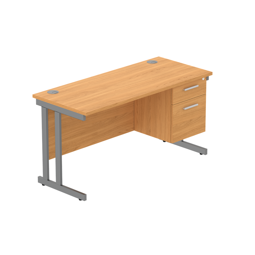 Office Rectangular Desk With Steel Double Upright Cantilever Legs + 2 Draw Fixed Pedestal  (Fsc) | 1400X600 | Norwegian Beech/Graphite
