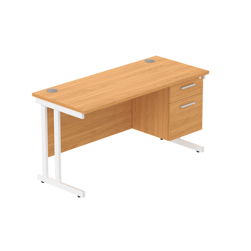 Office Rectangular Desk With Steel Double Upright Cantilever Legs + 2 Draw Fixed Pedestal  (Fsc) | 1400X600 | Norwegian Beech/White