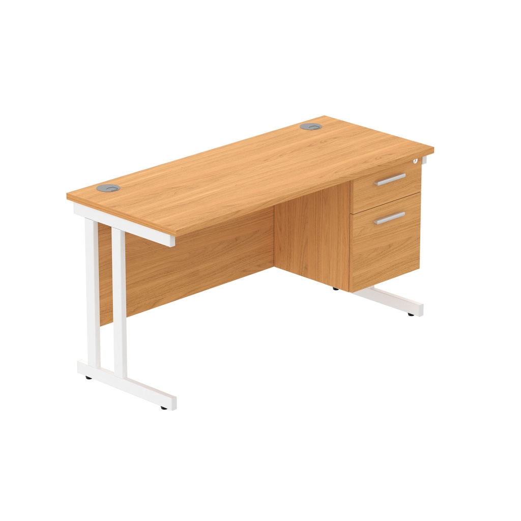 Office Rectangular Desk With Steel Double Upright Cantilever Legs + 2 Draw Fixed Pedestal  (Fsc) | 1400X600 | Norwegian Beech/White