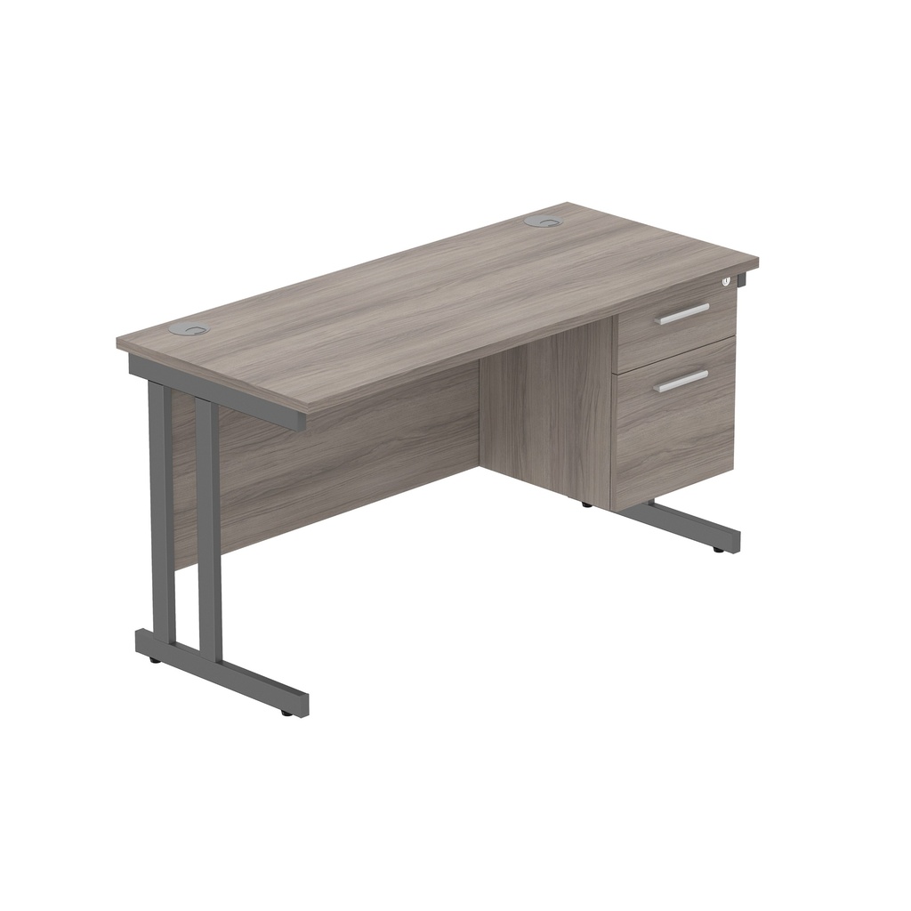 Office Rectangular Desk With Steel Double Upright Cantilever Legs + 2 Draw Fixed Pedestal  (Fsc) | 1400X600 | Alaskan Grey Oak/Graphite