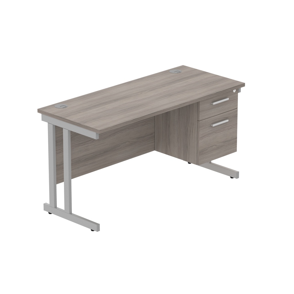 Core|Double Upright|Rectangular Desk With 2 Drawer Fixed Pedestal (Fsc)|1400X600|Alaskan Grey Oak-Silver