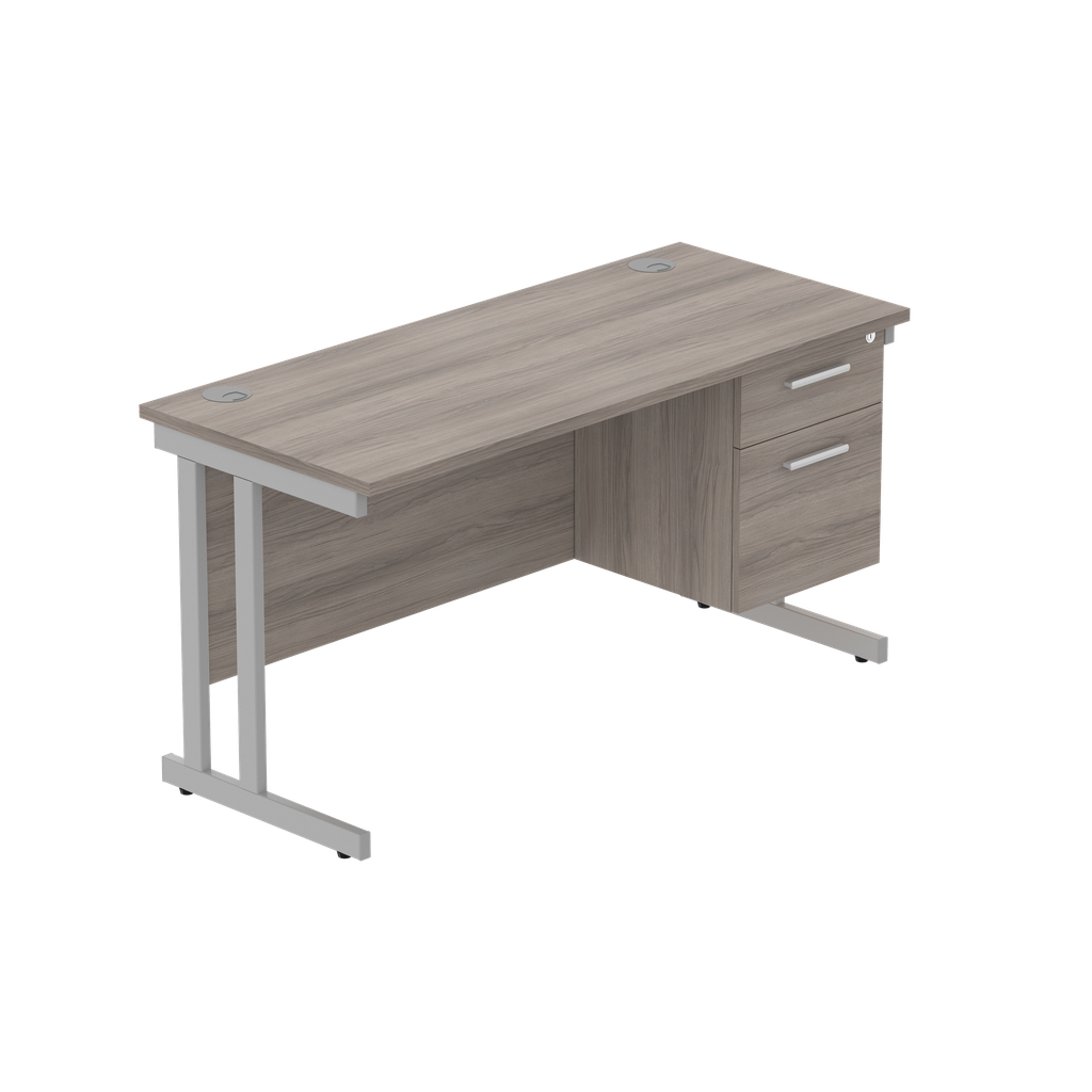 Office Rectangular Desk With Steel Double Upright Cantilever Legs + 2 Draw Fixed Pedestal  (Fsc) | 1400X600 | Alaskan Grey Oak/Silver