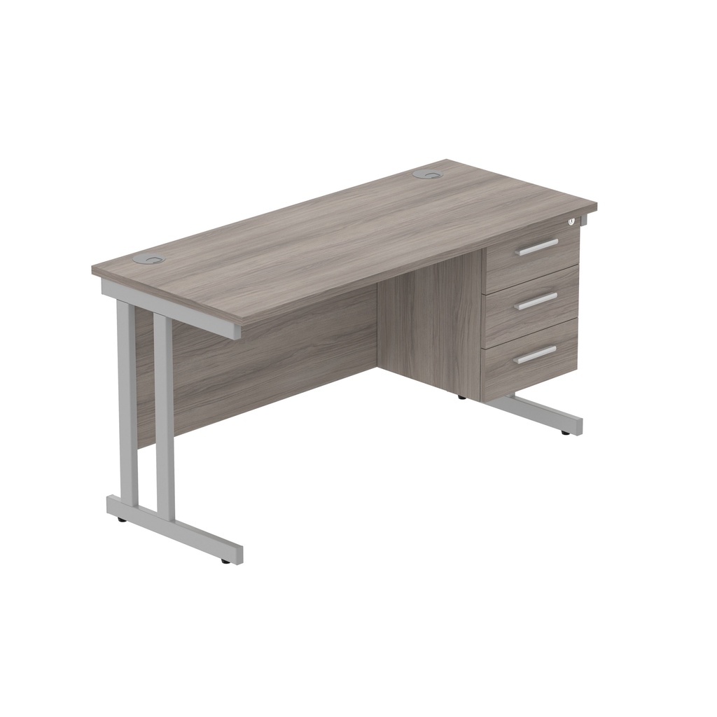 Core|Double Upright|Rectangular Desk With 3 Drawer Fixed Pedestal (Fsc)|1400X600|Alaskan Grey Oak-Silver