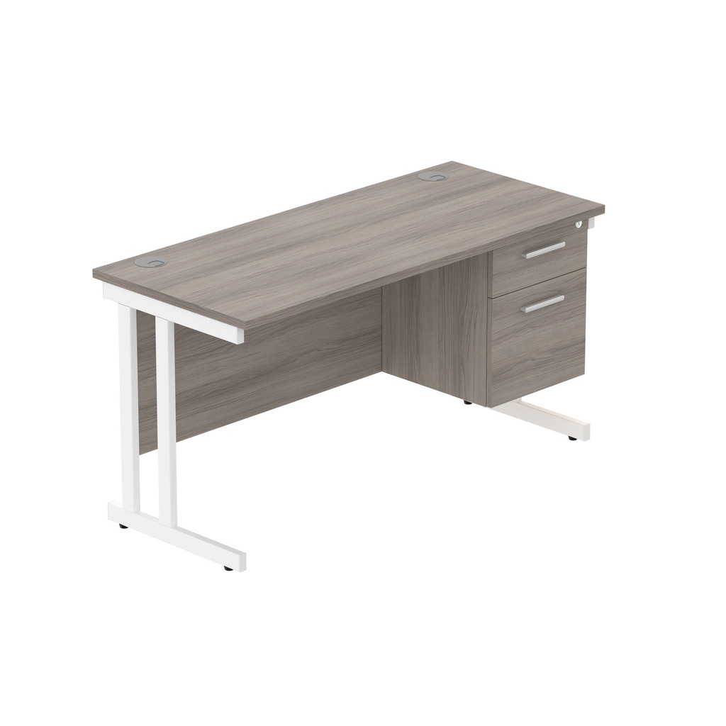 Office Rectangular Desk With Steel Double Upright Cantilever Legs + 2 Draw Fixed Pedestal  (Fsc) | 1400X600 | Alaskan Grey Oak/White