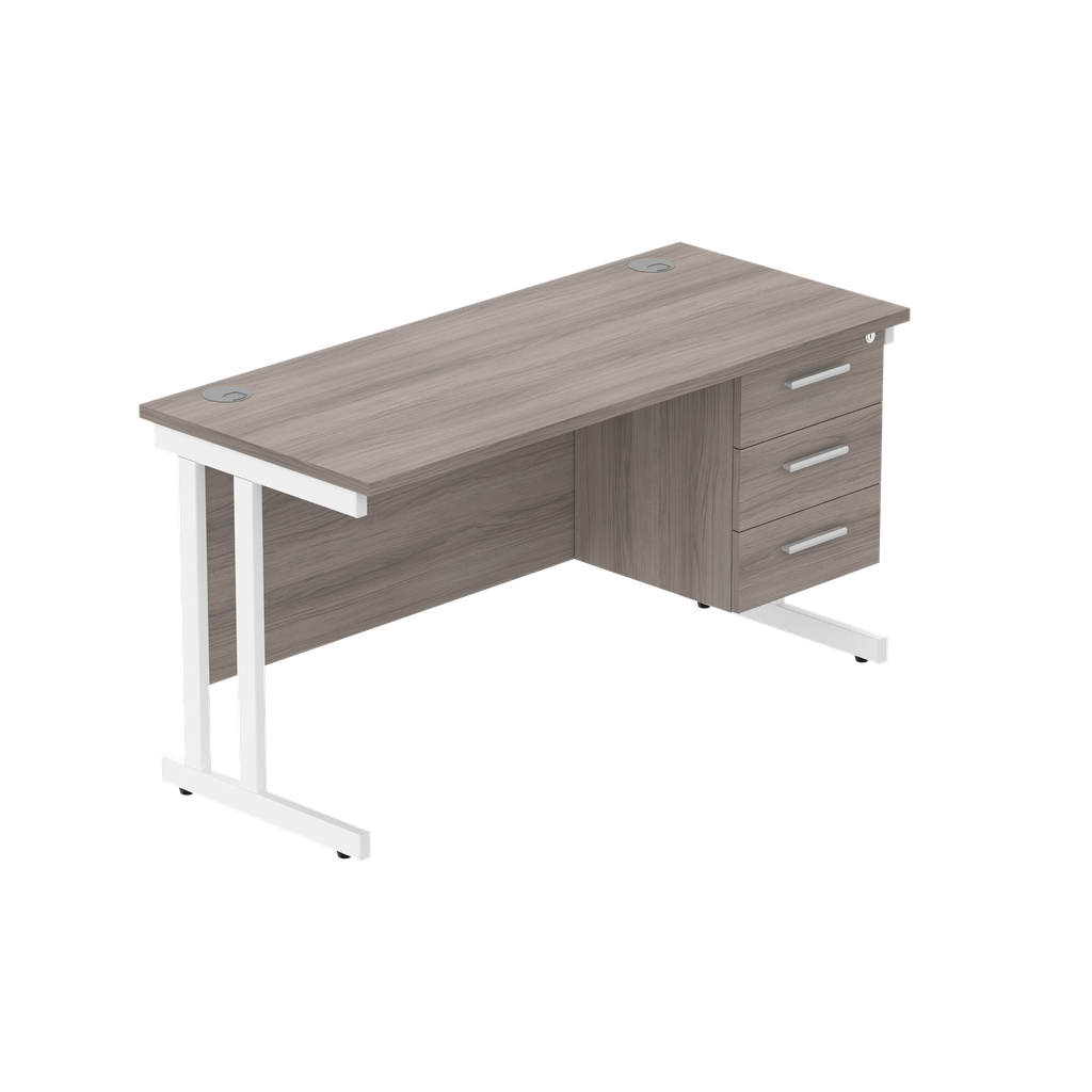 Office Rectangular Desk With Steel Double Upright Cantilever Legs + 3 Draw Fixed Pedestal  (Fsc) | 1400X600 | Alaskan Grey Oak/White