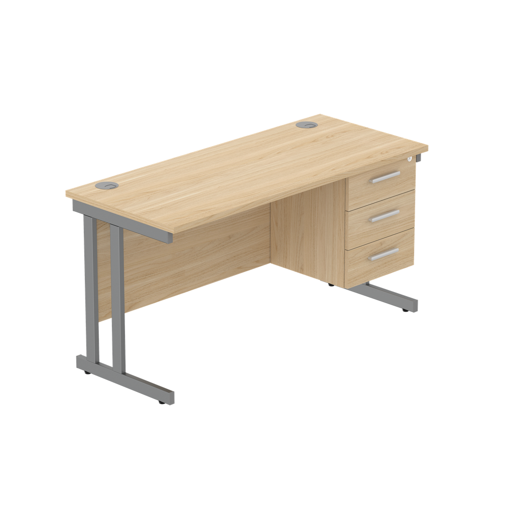 Office Rectangular Desk With Steel Double Upright Cantilever Legs + 3 Draw Fixed Pedestal  (Fsc) | 1400X600 | Canadian Oak/Graphite