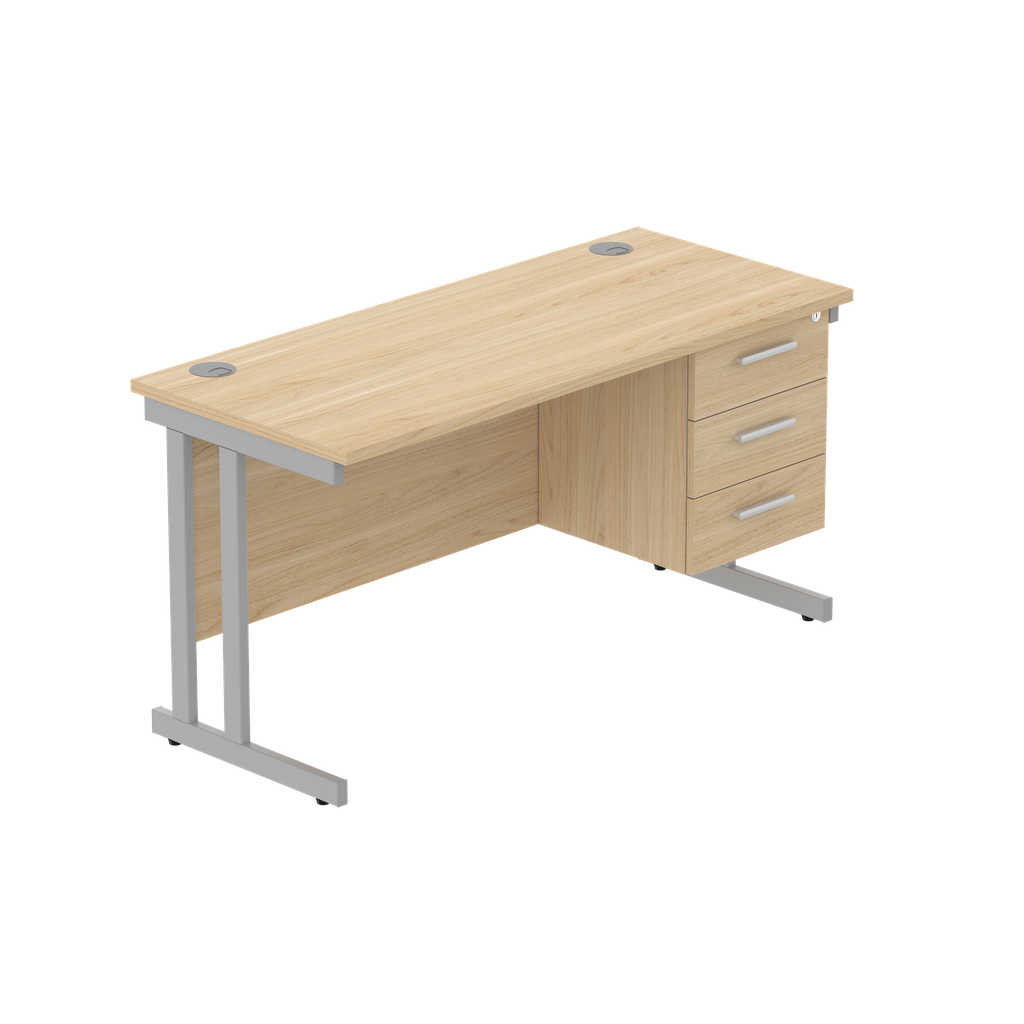 Office Rectangular Desk With Steel Double Upright Cantilever Legs + 3 Draw Fixed Pedestal  (Fsc) | 1400X600 | Canadian Oak/Silver