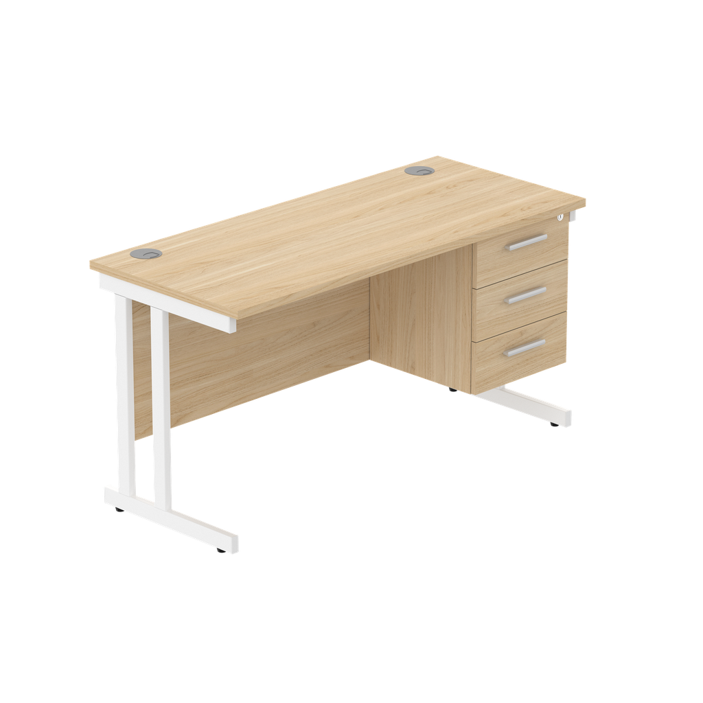 Office Rectangular Desk With Steel Double Upright Cantilever Legs + 3 Draw Fixed Pedestal  (Fsc) | 1400X600 | Canadian Oak/White
