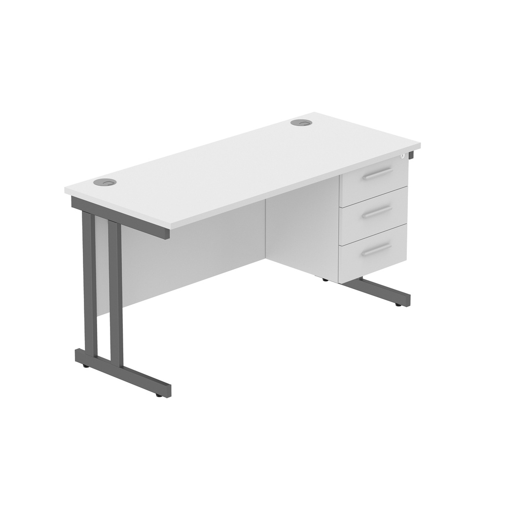 Office Rectangular Desk With Steel Double Upright Cantilever Legs + 3 Draw Fixed Pedestal  (Fsc) | 1400X600 | Arctic White/Graphite