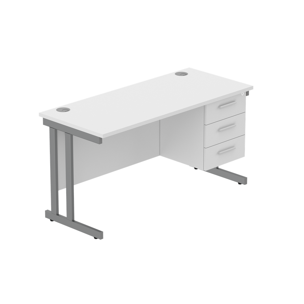 Office Rectangular Desk With Steel Double Upright Cantilever Legs + 3 Draw Fixed Pedestal  (Fsc) | 1400X600 | Arctic White/Graphite