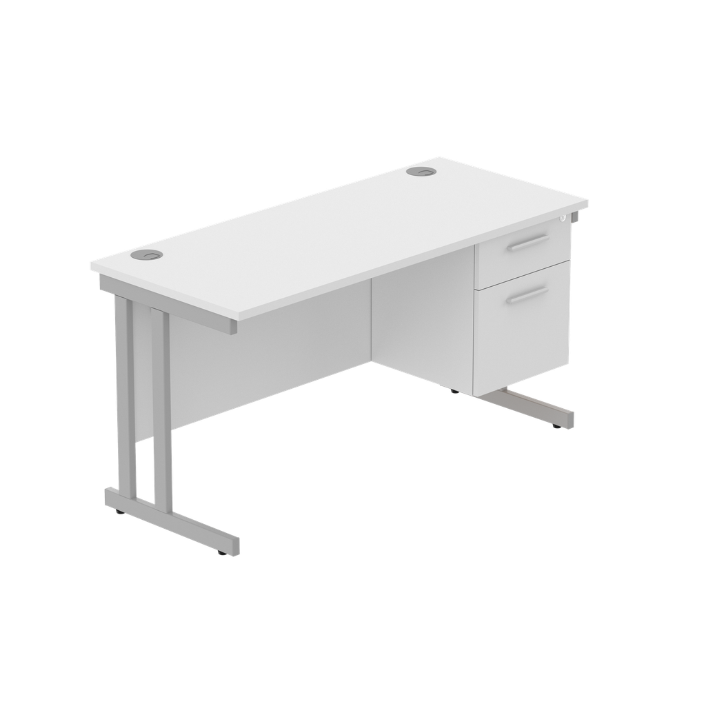 Office Rectangular Desk With Steel Double Upright Cantilever Legs + 2 Draw Fixed Pedestal  (Fsc) | 1400X600 | Arctic White/Silver