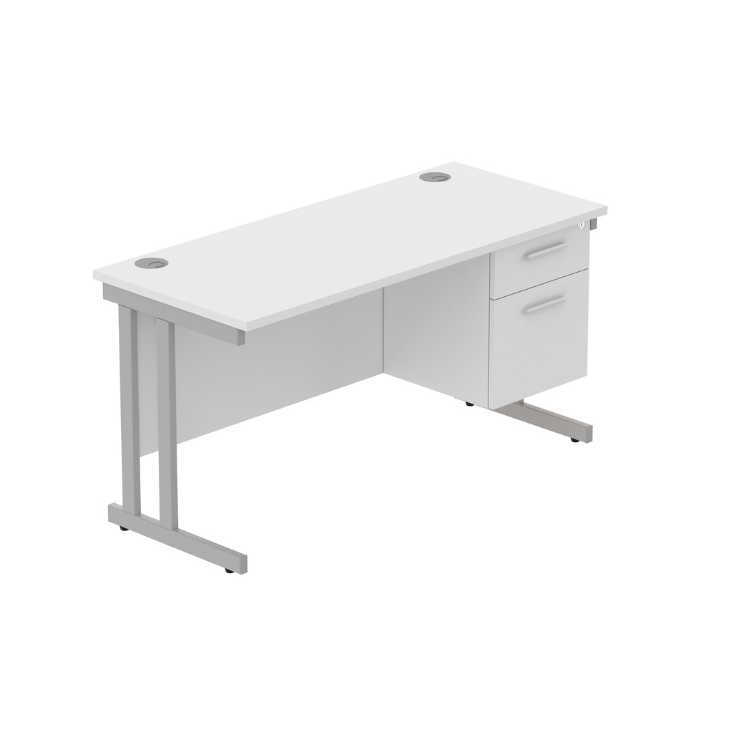 Office Rectangular Desk With Steel Double Upright Cantilever Legs + 2 Draw Fixed Pedestal  (Fsc) | 1400X600 | Arctic White/Silver