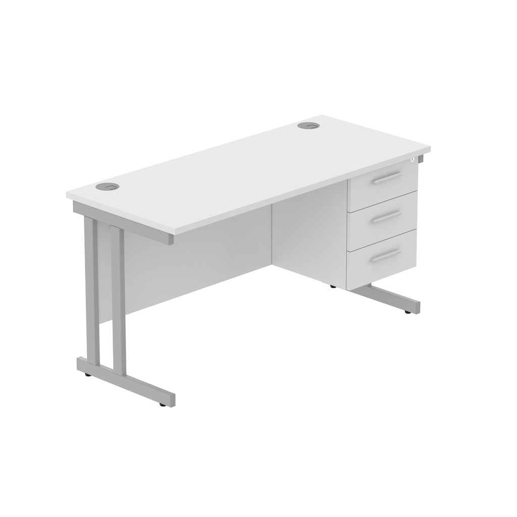 Core|Double Upright|Rectangular Desk With 3 Drawer Fixed Pedestal (Fsc)|1400X600|Arctic White-Silver