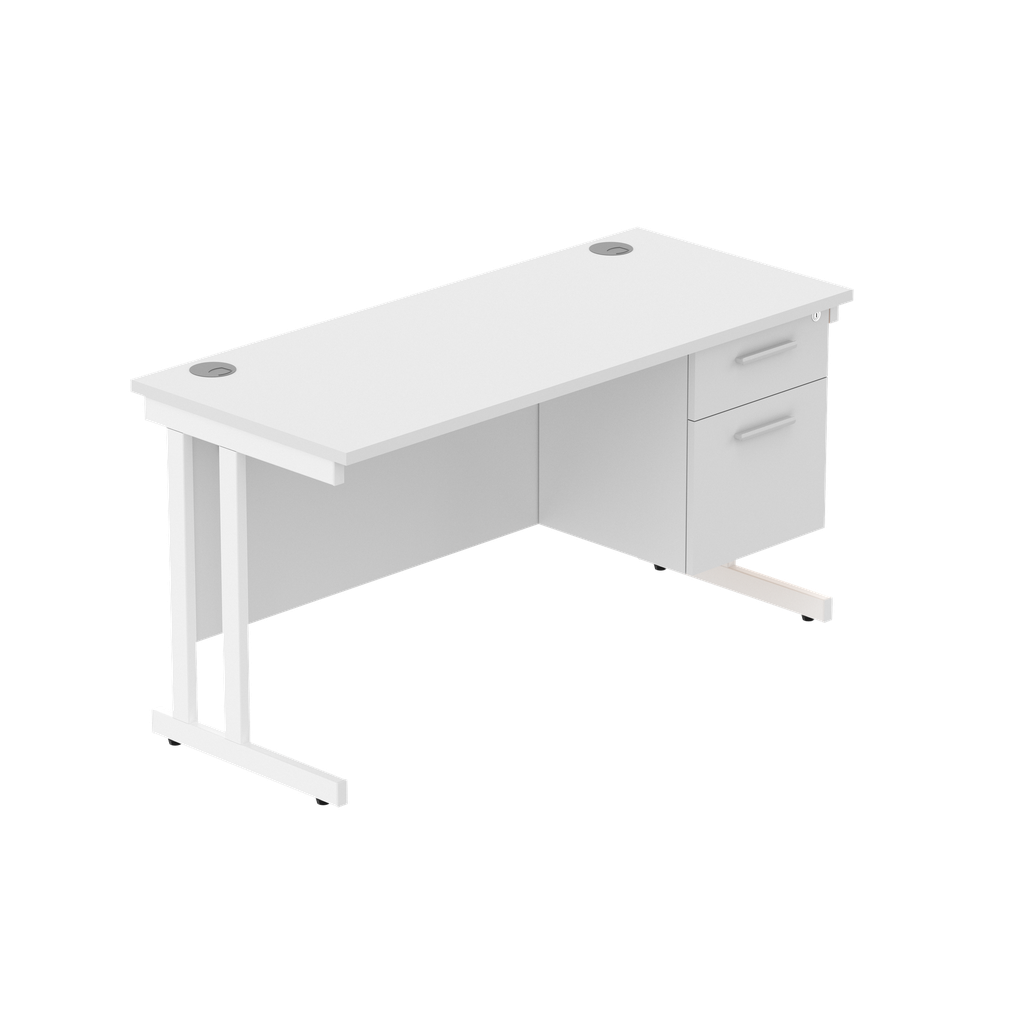Office Rectangular Desk With Steel Double Upright Cantilever Legs + 2 Draw Fixed Pedestal  (Fsc) | 1400X600 | Arctic White/White