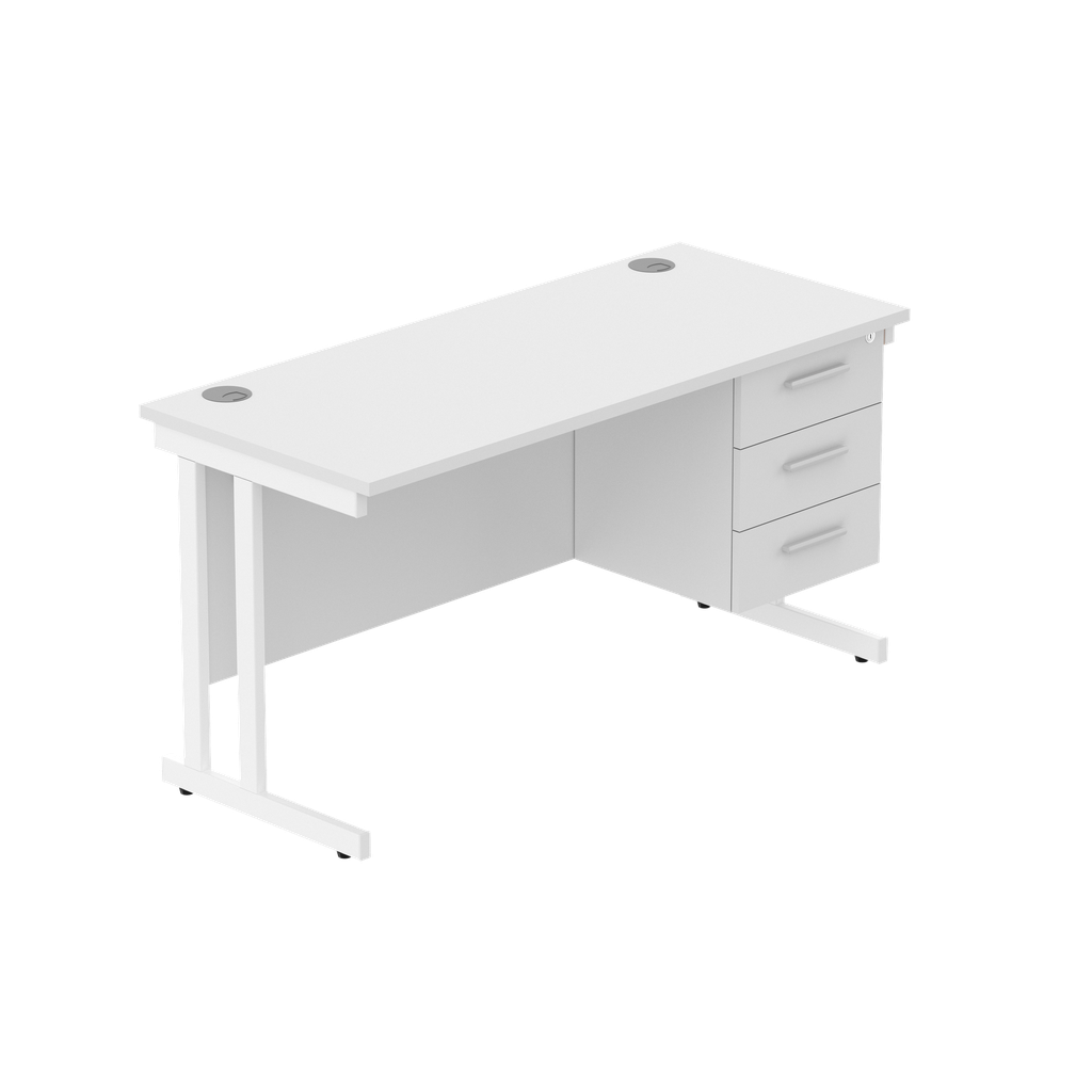 Office Rectangular Desk With Steel Double Upright Cantilever Legs + 3 Draw Fixed Pedestal  (Fsc) | 1400X600 | Arctic White/White