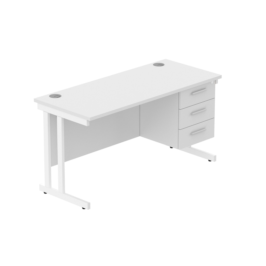 Office Rectangular Desk With Steel Double Upright Cantilever Legs + 3 Draw Fixed Pedestal  (Fsc) | 1400X600 | Arctic White/White