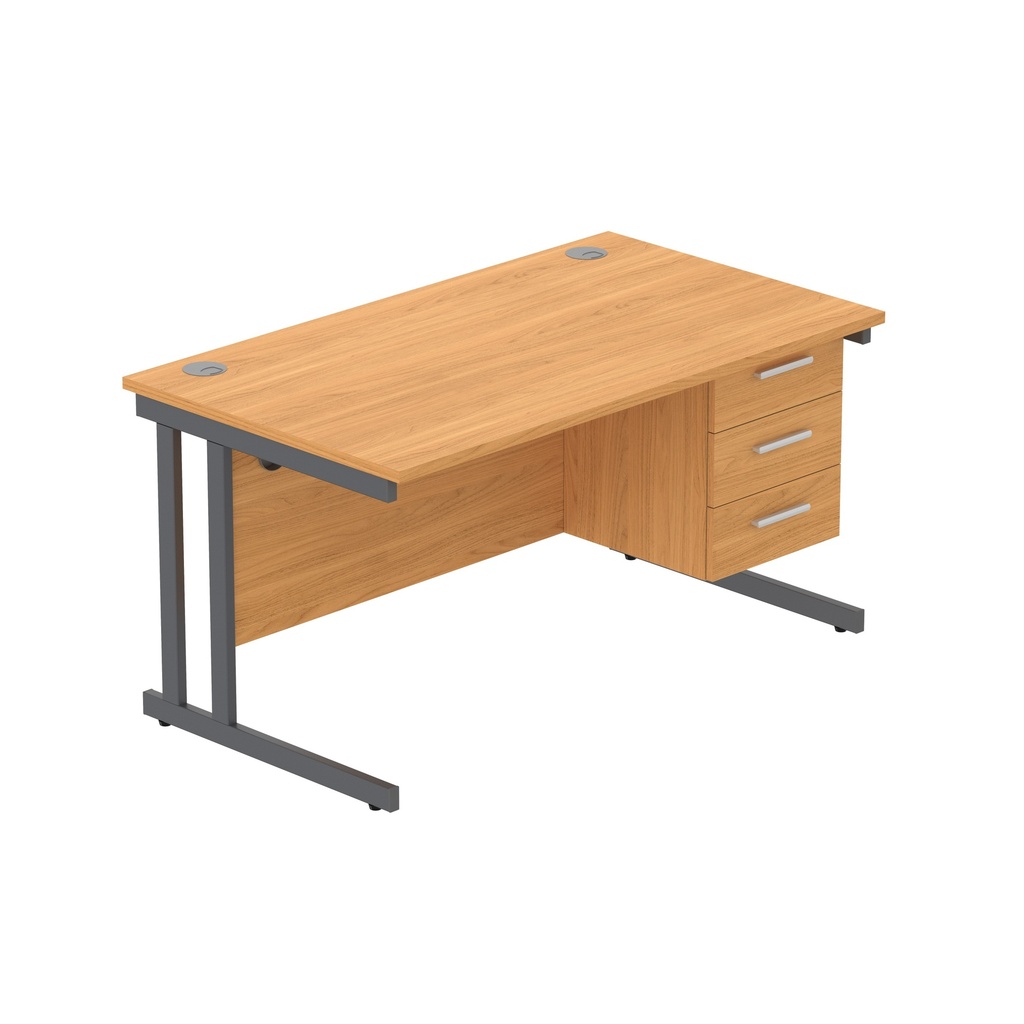 Office Rectangular Desk With Steel Double Upright Cantilever Legs + 3 Draw Fixed Pedestal  (Fsc) | 1400X800 | Norwegian Beech/Graphite