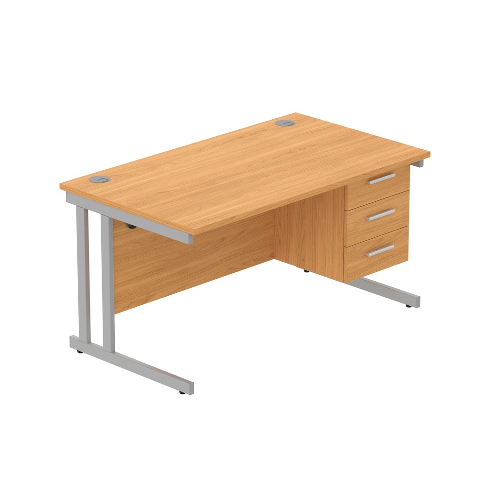 Office Rectangular Desk With Steel Double Upright Cantilever Legs + 3 Draw Fixed Pedestal  (Fsc) | 1400X800 | Norwegian Beech/Silver