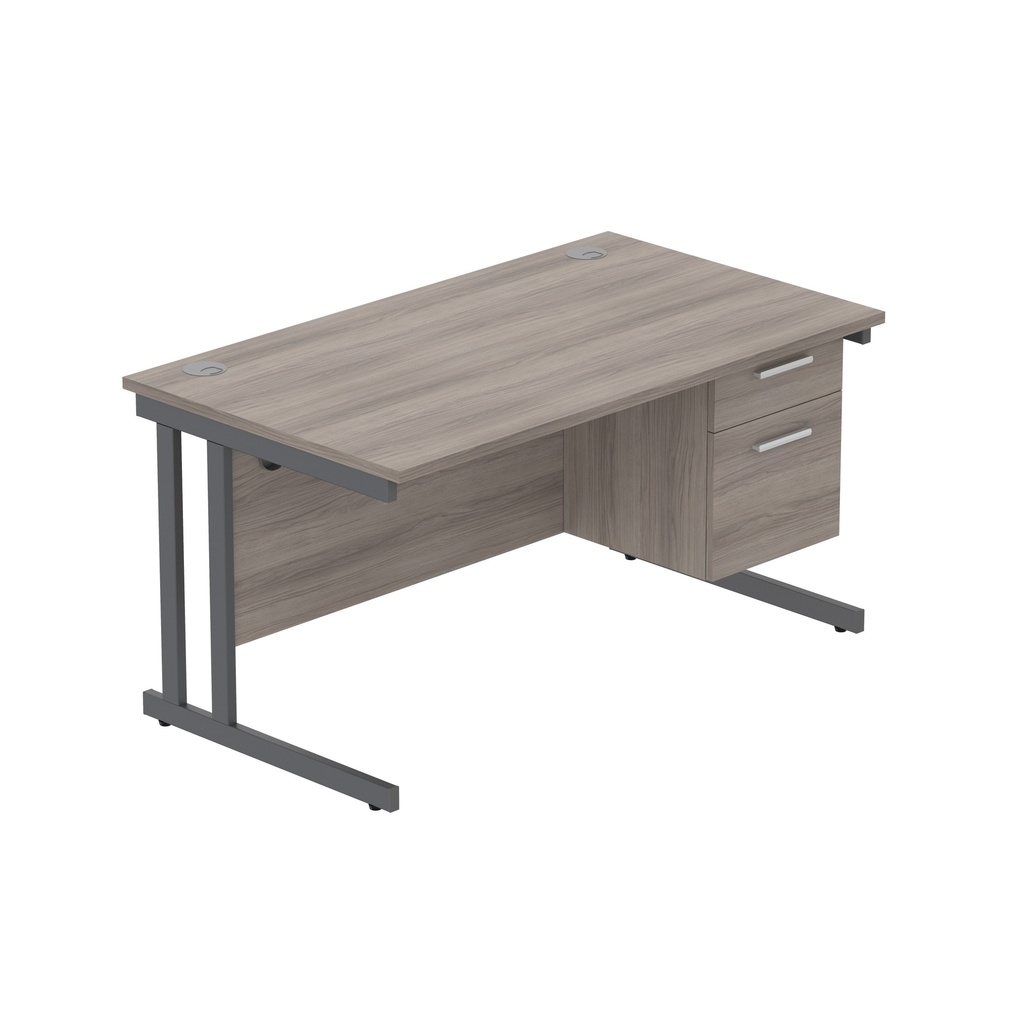 Office Rectangular Desk With Steel Double Upright Cantilever Legs + 2 Draw Fixed Pedestal  (Fsc) | 1400X800 | Alaskan Grey Oak/Graphite