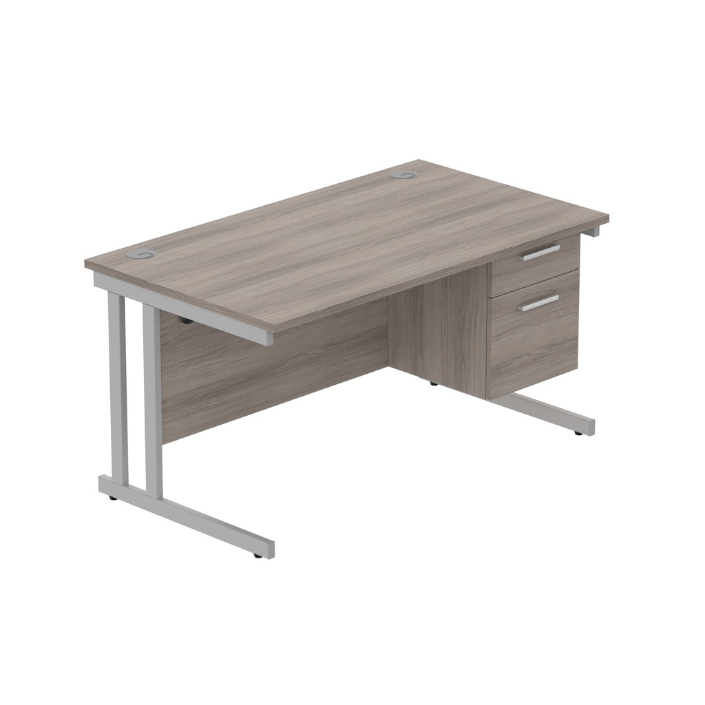 Office Rectangular Desk With Steel Double Upright Cantilever Legs + 2 Draw Fixed Pedestal  (Fsc) | 1400X800 | Alaskan Grey Oak/Silver