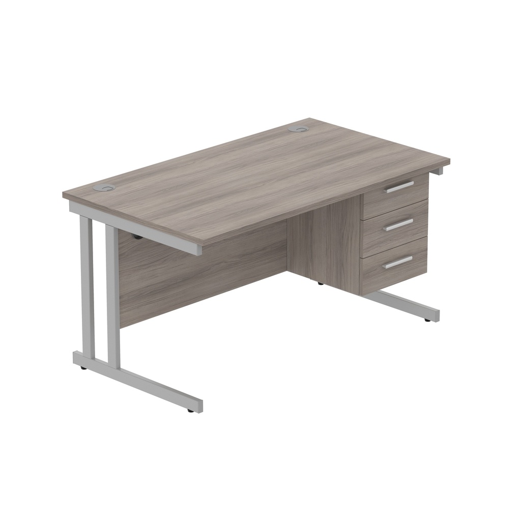 Office Rectangular Desk With Steel Double Upright Cantilever Legs + 3 Draw Fixed Pedestal  (Fsc) | 1400X800 | Alaskan Grey Oak/Silver