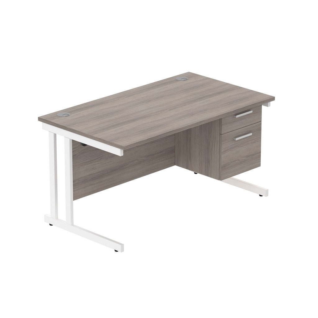 Office Rectangular Desk With Steel Double Upright Cantilever Legs + 2 Draw Fixed Pedestal  (Fsc) | 1400X800 | Alaskan Grey Oak/White
