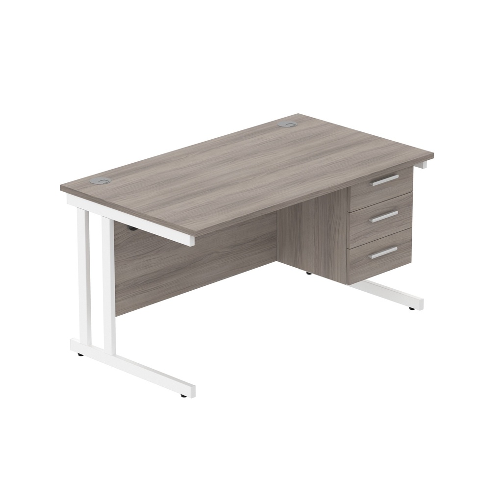 Office Rectangular Desk With Steel Double Upright Cantilever Legs + 3 Draw Fixed Pedestal  (Fsc) | 1400X800 | Alaskan Grey Oak/White