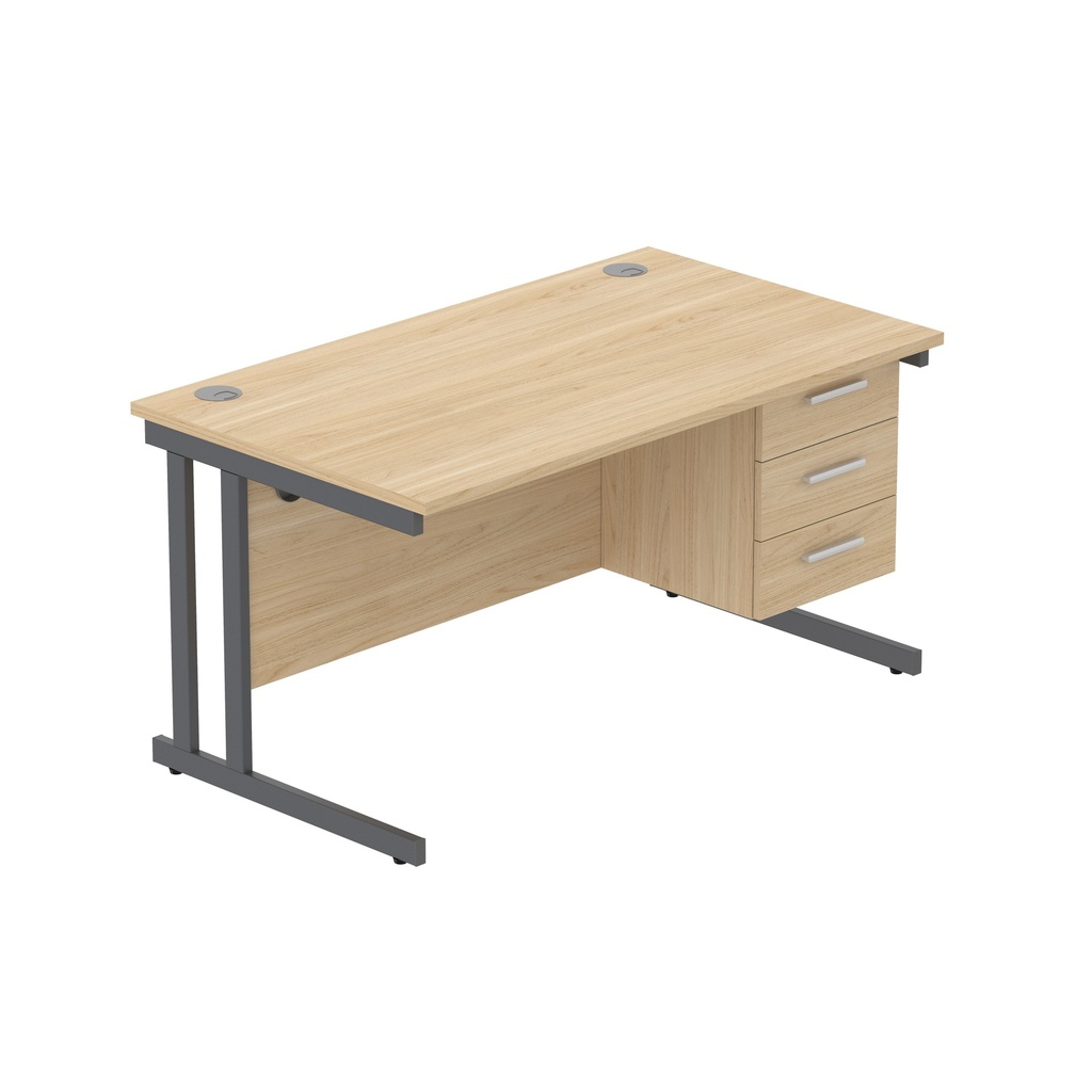 Office Rectangular Desk With Steel Double Upright Cantilever Legs + 3 Draw Fixed Pedestal  (Fsc) | 1400X800 | Canadian Oak/Graphite