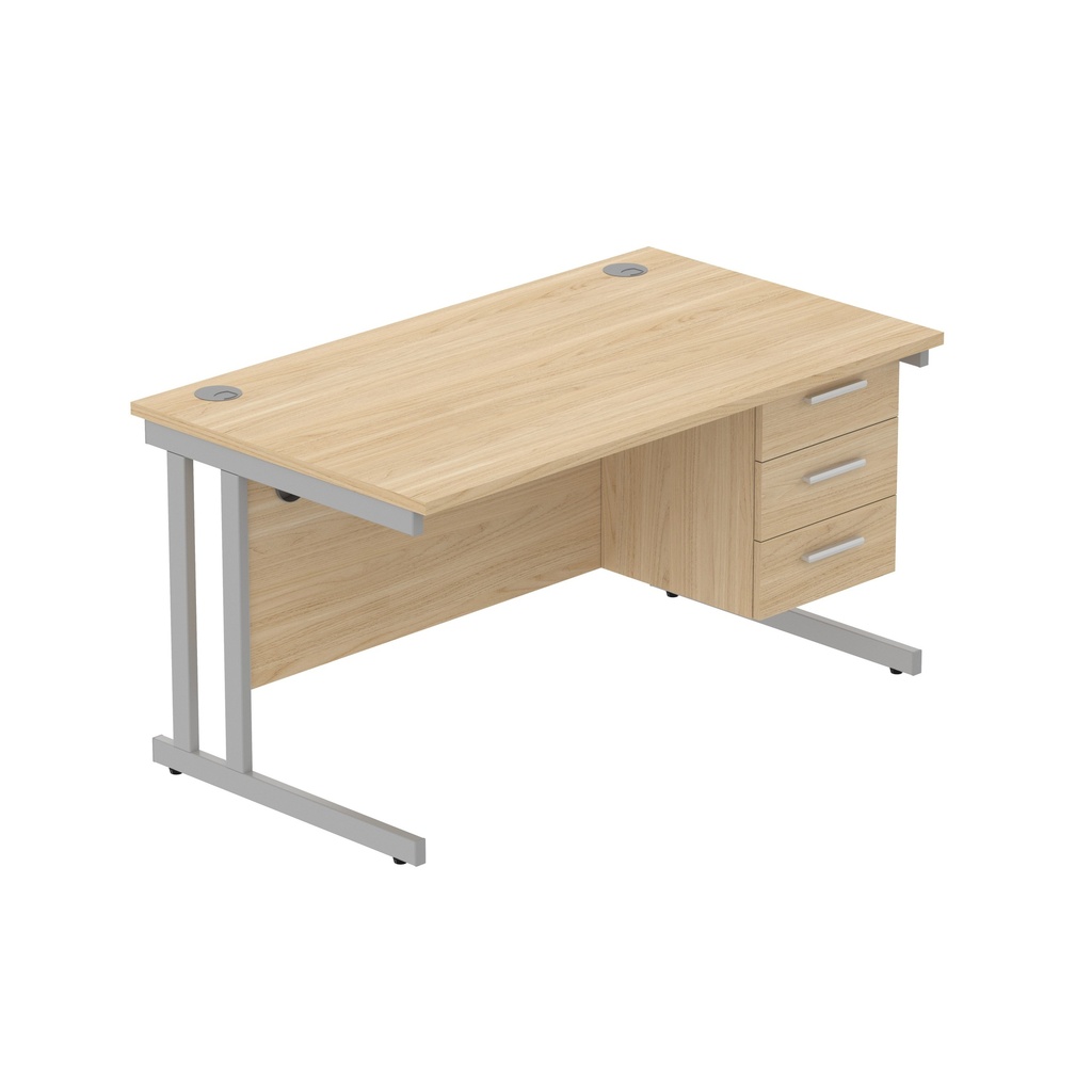 Office Rectangular Desk With Steel Double Upright Cantilever Legs + 3 Draw Fixed Pedestal  (Fsc) | 1400X800 | Canadian Oak/Silver