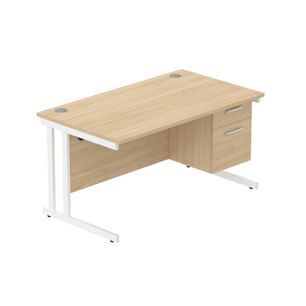 Office Rectangular Desk With Steel Double Upright Cantilever Legs + 2 Draw Fixed Pedestal  (Fsc) | 1400X800 | Canadian Oak/White