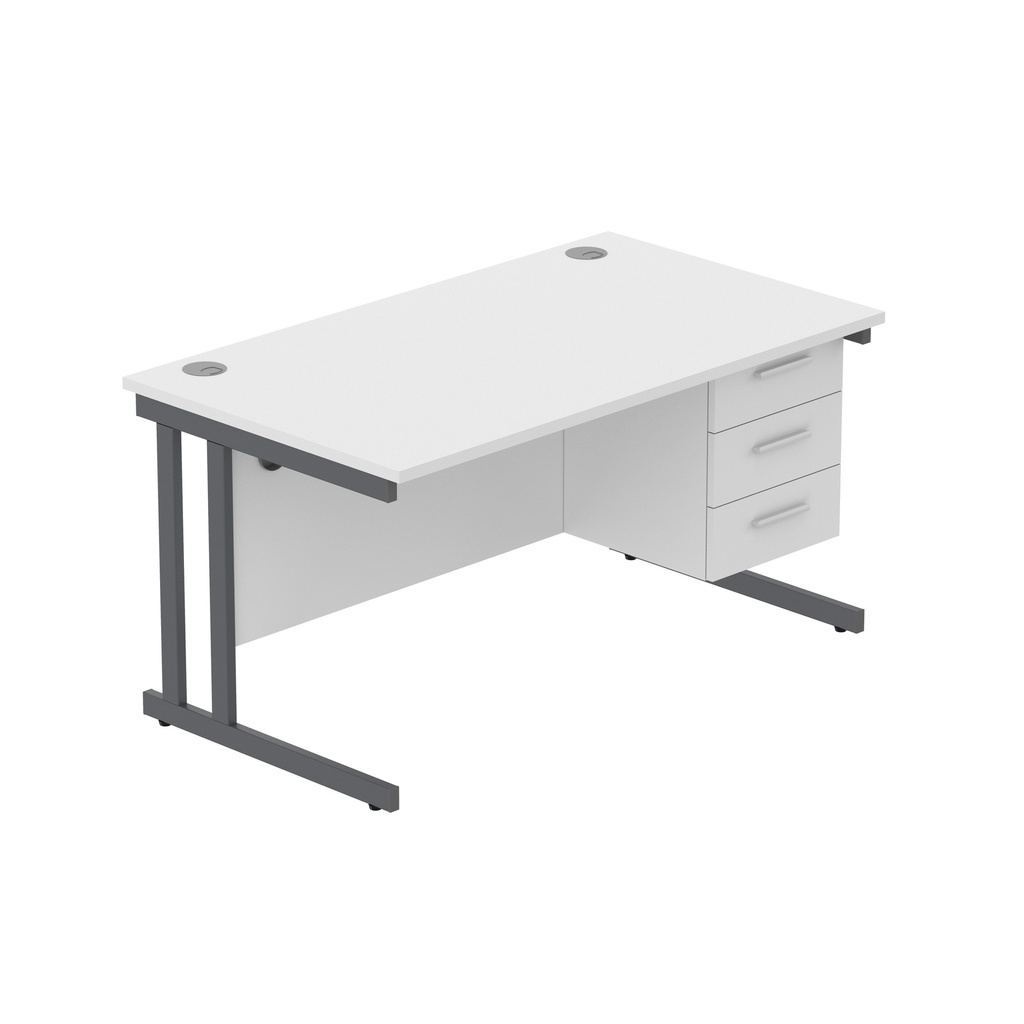 Office Rectangular Desk With Steel Double Upright Cantilever Legs + 3 Draw Fixed Pedestal  (Fsc) | 1400X800 | Arctic White/Graphite
