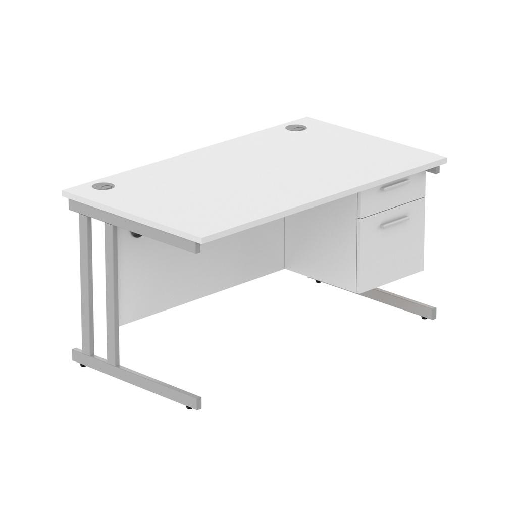 Office Rectangular Desk With Steel Double Upright Cantilever Legs + 2 Draw Fixed Pedestal  (Fsc) | 1400X800 | Arctic White/Silver