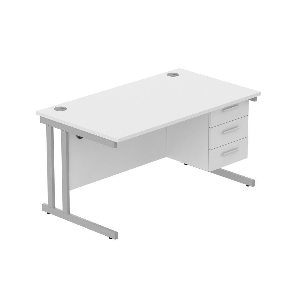 Office Rectangular Desk With Steel Double Upright Cantilever Legs + 3 Draw Fixed Pedestal  (Fsc) | 1400X800 | Arctic White/Silver